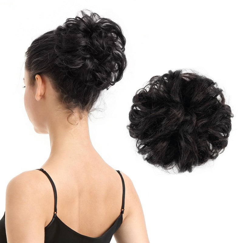 BARSDAR 100% Human Hair Bun Extension - Real Human Hair Black Messy Bun Scrunchie for Women - Elastic Wavy Updo Extensions Thick Soft Fluffy Natural Looking Chignons Hairpieces - Natural Black - Image 1